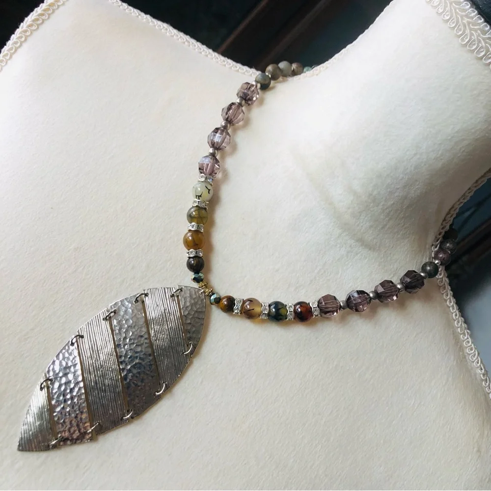 Handcrafted large articulated pendant genuine stone necklace
